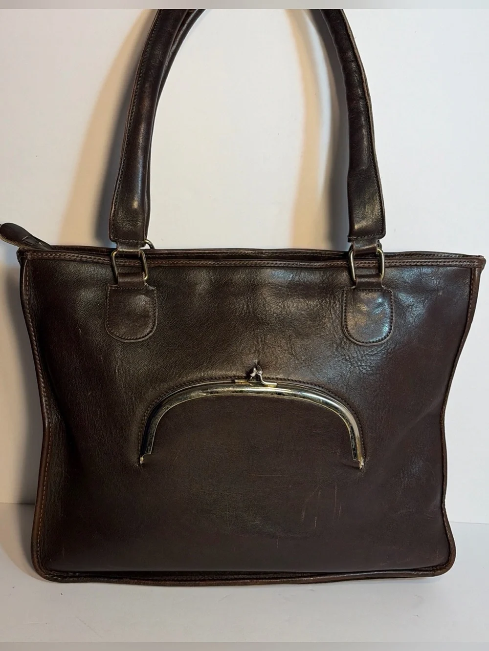Vintage 1970’s Cashin-Inspired Dark Brown Slim Leather Tote Handbag Kiss Lock